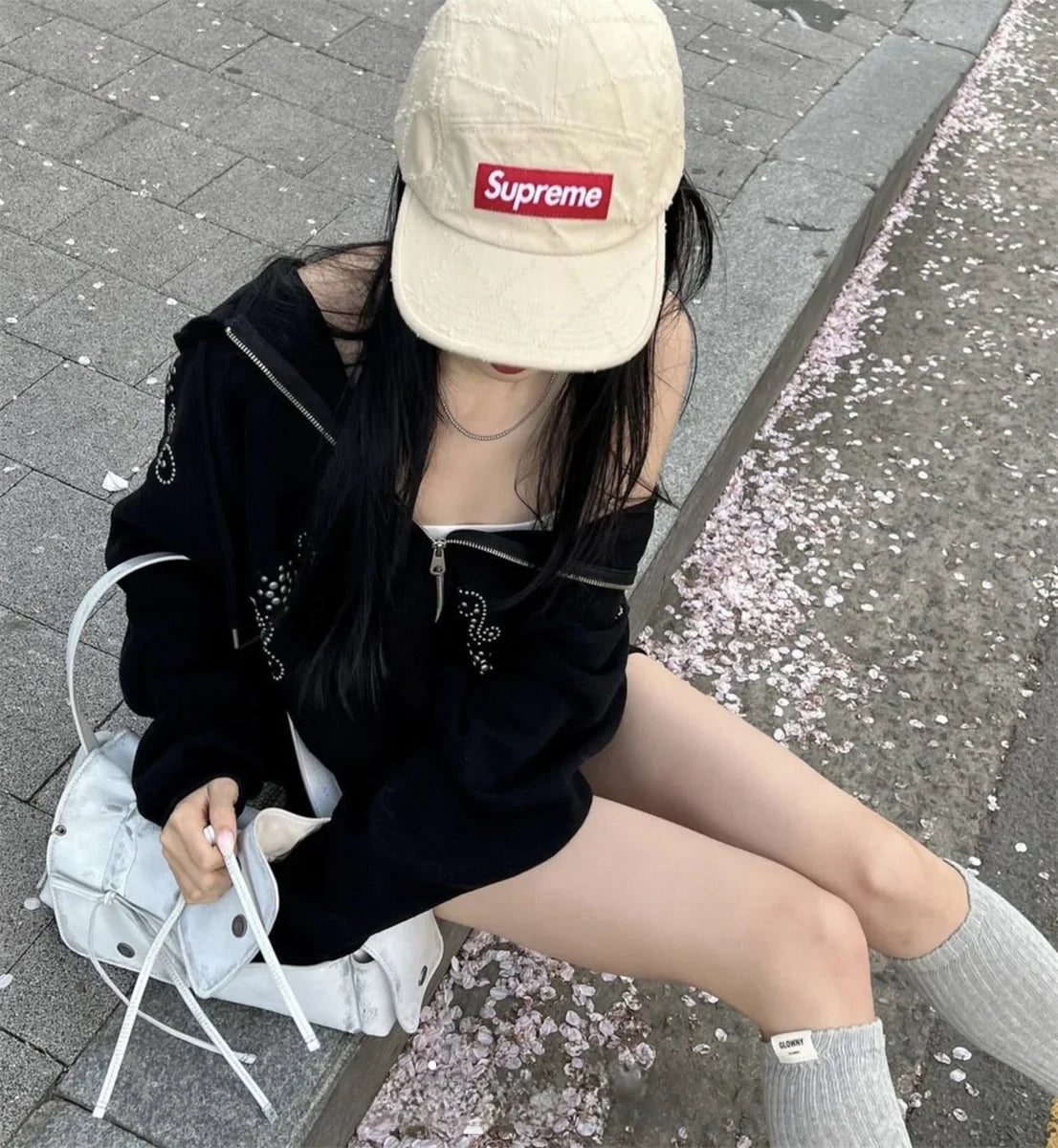 Street Sle Korean Version Simple Personali Rivet Zipper Casual Loose Matching Hoodie Jaet Unique SEI Women's Sweatirt LadyShow.Store