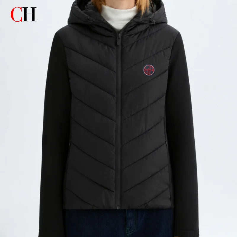 CH Womens Circular Chest Patch Badge Chevron Quilted Hooded Puffer Jacket Panel Sleeves Daily Commute Wear LadyShow.Store