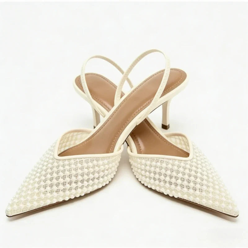 Mesh String Bead Brand Sandals Women Pumps Pointed Toe Elegant Slingback High Heels Female Designer Banquet Wedding Dress Shoes LadyShow.Store