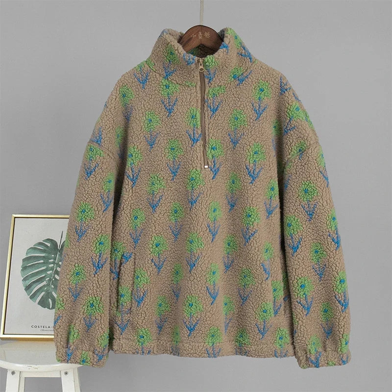 TARUXY Fleece Printing Sweatshirt Women's Half-Zip Sweatshirt Fleece Loose Turtleneck pullover Female Winter Leisure Sweatshirt LadyShow.Store