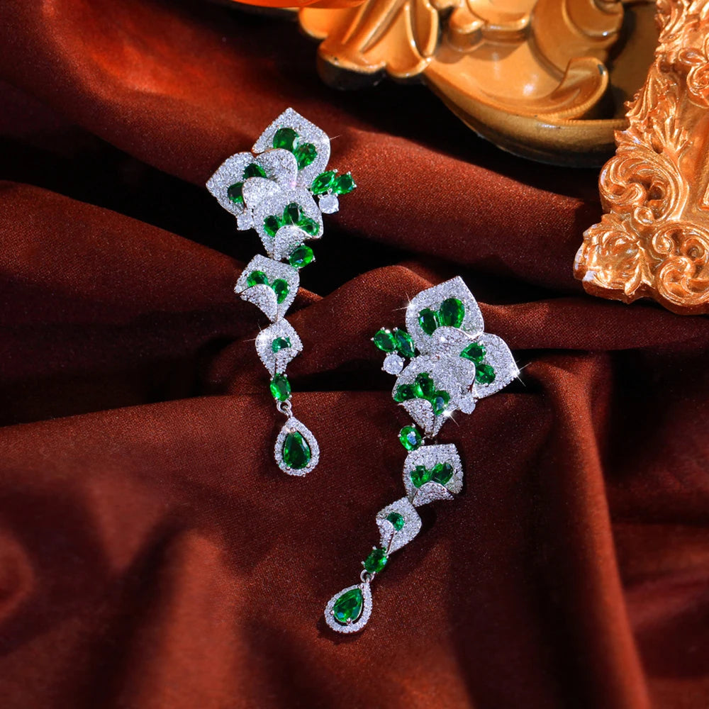 CWWZircons Elegant Green CZ Crystal Flower Water Drop Long Dangle Earrings for Women Beautiful Wedding Party Jewelry Gifts E1159 Pi-Mart
