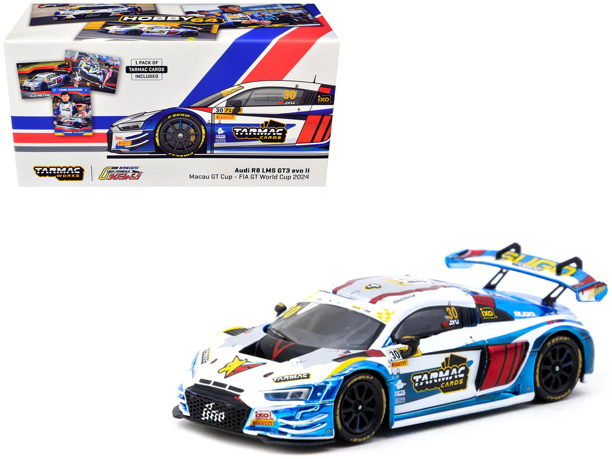 Audi R8 LMS GT3 evo II #30 James Yu "Uno Racing Team" "Macau GT Cup - FIA GT World Cup" (2024) with Plastic Transporter Packaging and Collectible Tarmac Cards "Hobby64" Series 1/64 Diecast Model Car by Tarmac Works LuxuryLifeWay Online Store