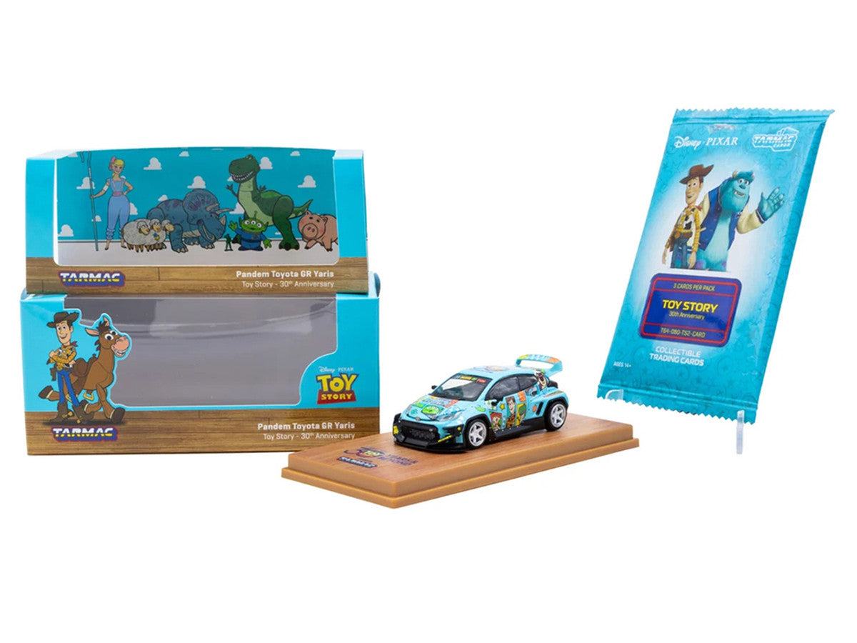 Toyota Pandem GR Yaris RHD (Right Hand Drive) "Toy Story 30th Anniversary" Blue with Graphics with Tarmac Cards "Hobby64" Series 1/64 Diecast Model by Tarmac Works LuxuryLifeWay Online Store