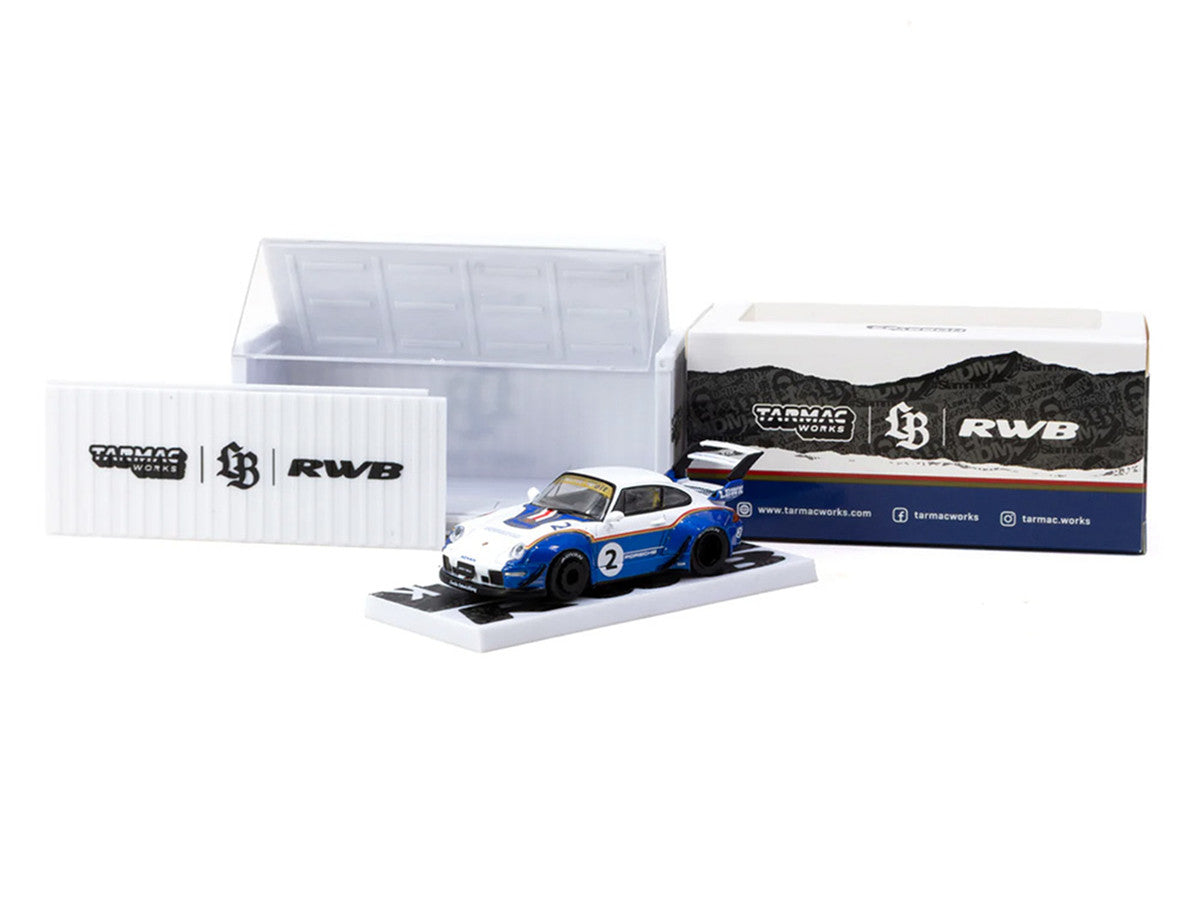 RWB 993 #2 "Liberty Walk" White and Blue Metallic with Container Packaging "Hobby64" Series 1/64 Diecast Model Car by Tarmac Works LuxuryLifeWay Online Store