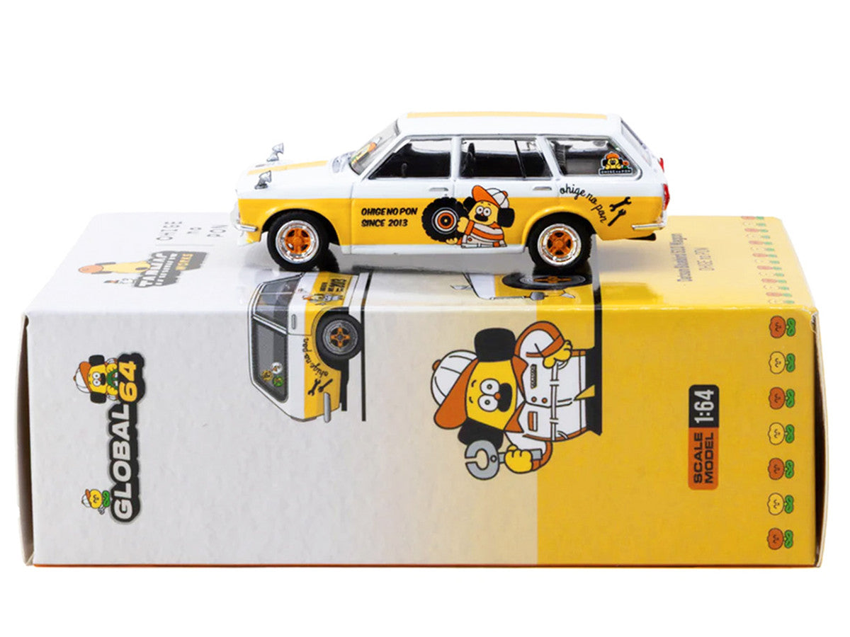 Datsun Bluebird 510 Wagon "Ohige no Pon" White with Orange Stripes and Graphics "Global64" Series 1/64 Diecast Model Car by Tarmac Works LuxuryLifeWay Online Store