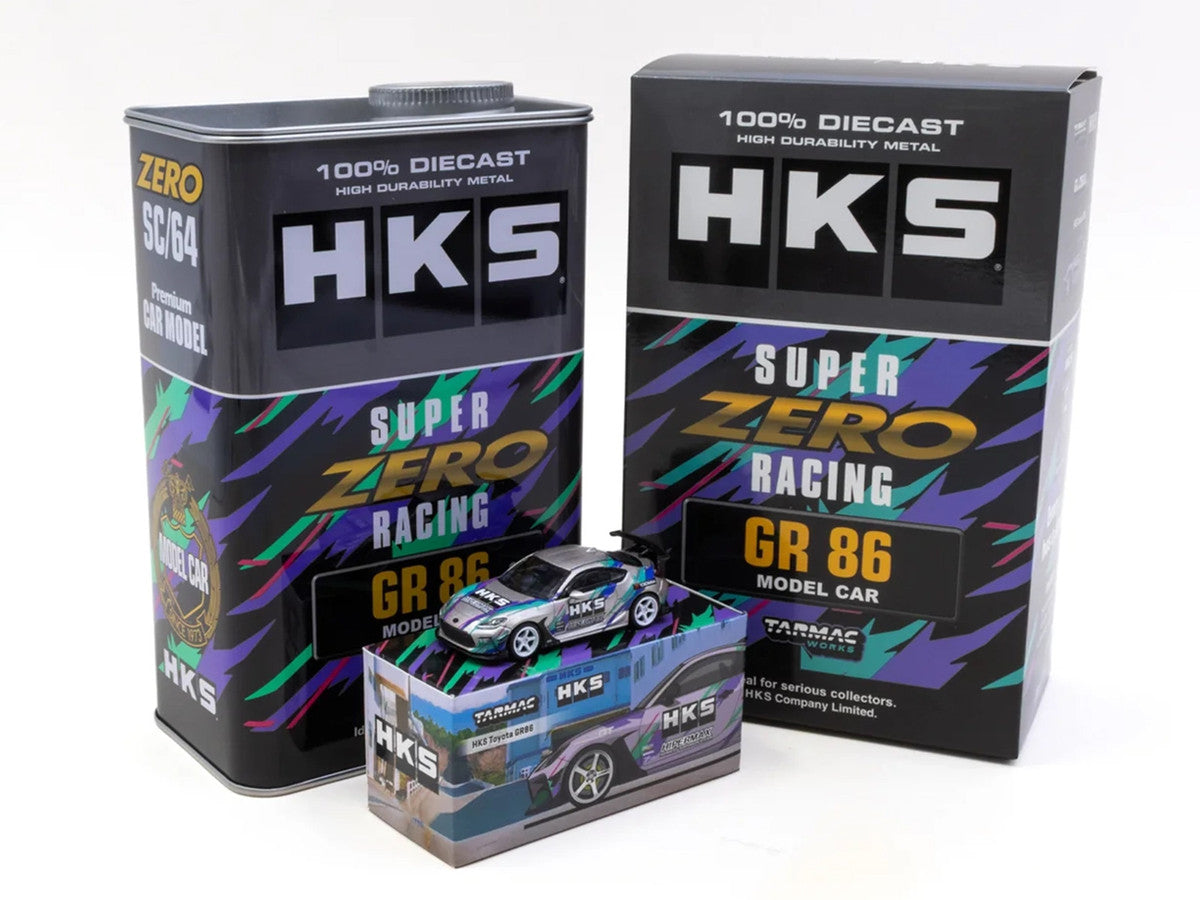 Toyota GR86 RHD (Right Hand Drive) "HKS" Gray Metallic with Graphics and Metal Oil Can Packaging "Global64" Series 1/64 Diecast Model Car by Tarmac Works LuxuryLifeWay Online Store