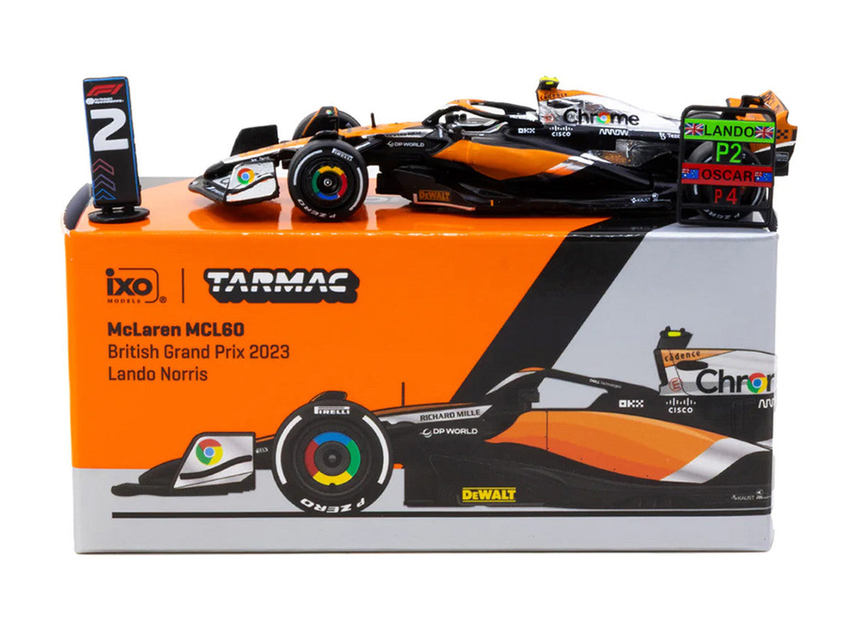 McLaren MCL60 #4 Lando Norris 2nd Place Formula One F1 "British GP" (2023) with Pitboards "Global64" Series 1/64 Diecast Model Car by Tarmac Works LuxuryLifeWay Online Store