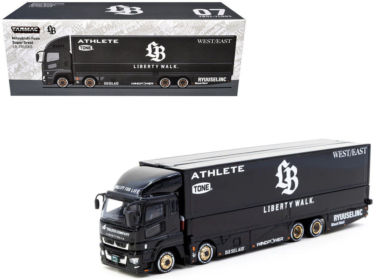 Mitsubishi Fuso Super Great Truck RHD (Right Hand Drive) with Transporter "Liberty Walk" Black "Truck64" Series 1/64 Diecast Model Car by Tarmac Works LuxuryLifeWay Online Store