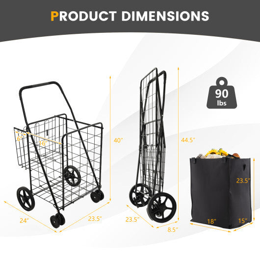 Folding Rolling Shopping Cart with Waterproof Liner and Basket-Black LuxuryLifeWay Online Store