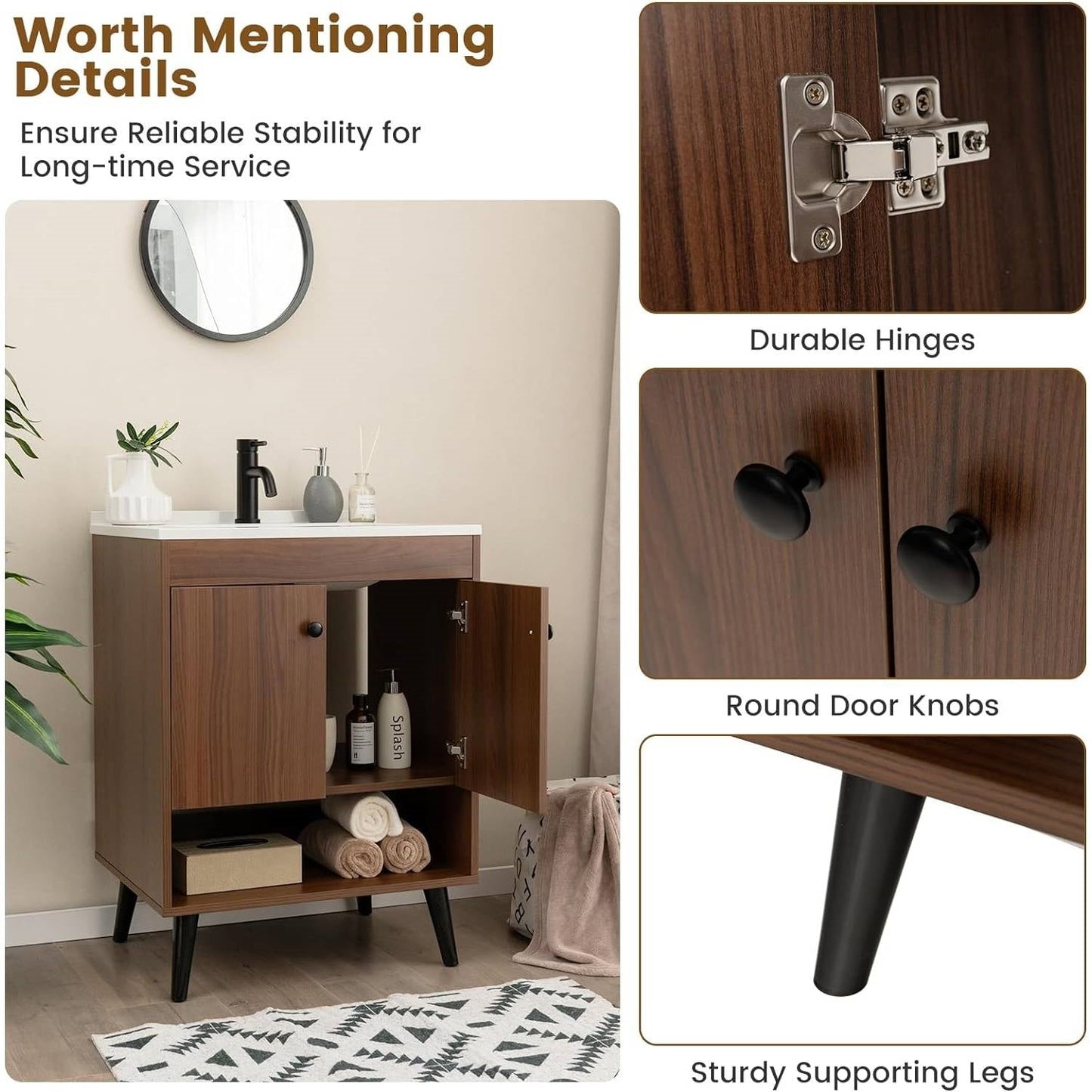Mid-Century Modern Bathroom Vanity in Walnut Wood Finish with Sink LuxuryLifeWay Online Store