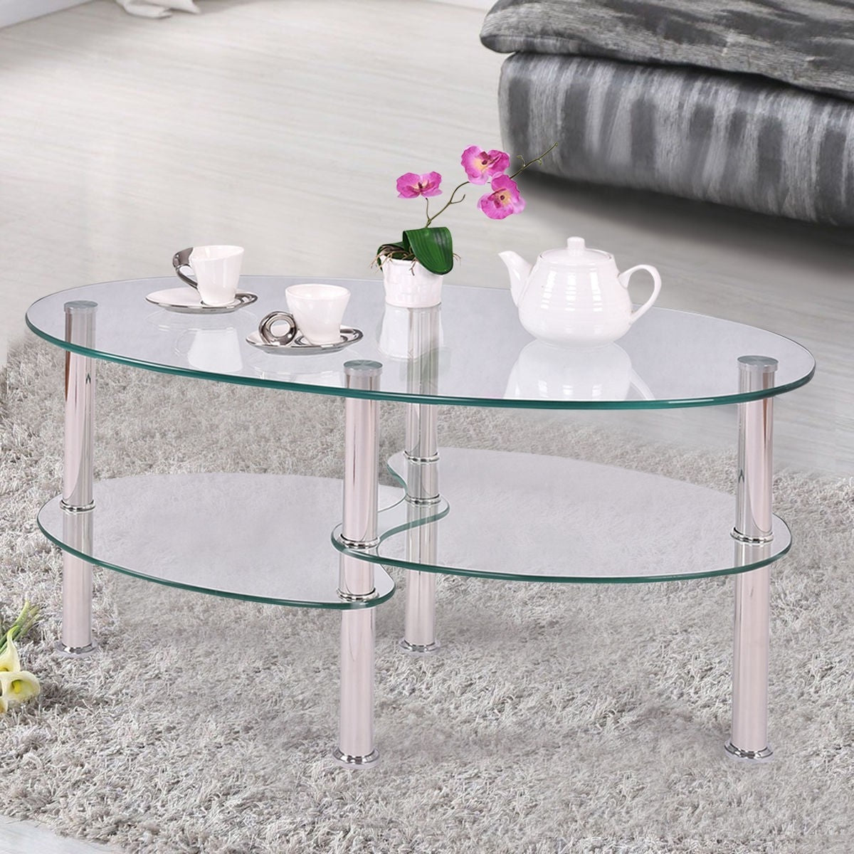 Modern Oval Tempered Glass Coffee Table with Bottom Shelf LuxuryLifeWay Online Store