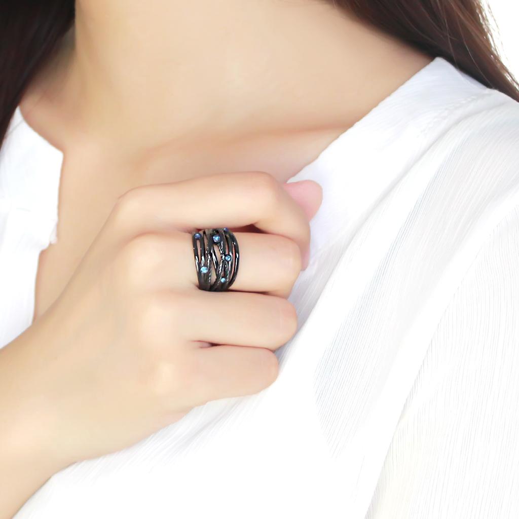 TK3564 - IP Black(Ion Plating) Stainless Steel Ring with Top Grade Crystal in Sea Blue LuxuryLifeWay Online Store
