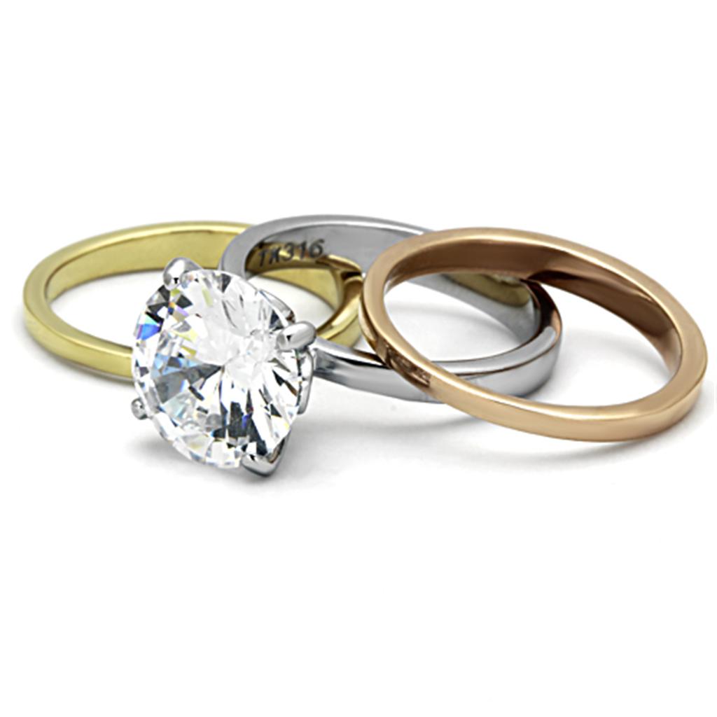 TK963 - Three Tone (IP Gold & IP Rose Gold & High Polished) Stainless Steel Ring with AAA Grade CZ in Clear LuxuryLifeWay Online Store