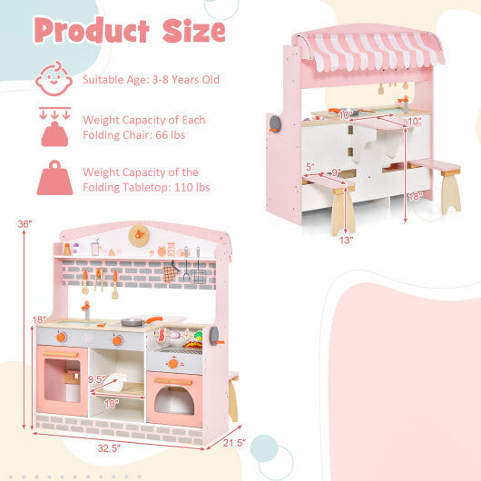 Double-Sided Kids Play Kitchen Set with Canopy and 2 Seats LuxuryLifeWay Online Store