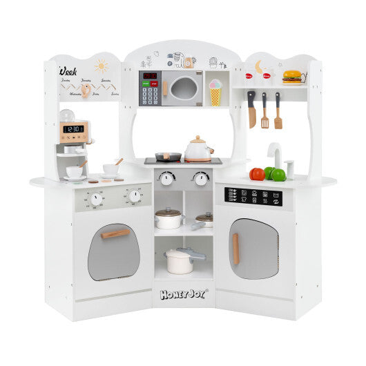 Corner Wooden Play Kitchen with Coffee Machine and Slide for Kids-Brown LuxuryLifeWay Online Store