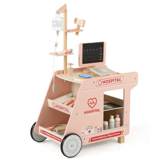 Wooden Doctor Playset for Kids Pretend Play Doctor Kit with Cart Gift for Toddlers Boys Girls Aged 3+-Green