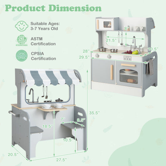 Double Sided Kids Pretend Kitchen Playset with 2-Seat Cafe-Gray LuxuryLifeWay Online Store