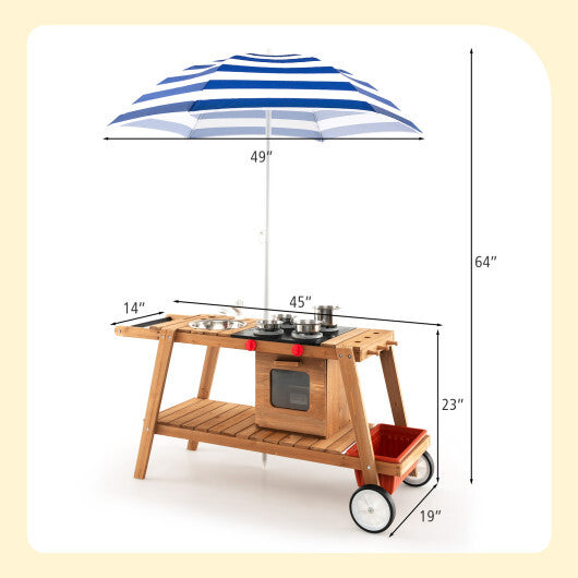 Wooden Play Cart with Sun Proof Umbrella for Toddlers Over 3 Years Old-Brown