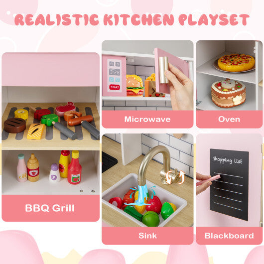 Wooden Pretend Play Kitchen with Ice Maker Range Hood and Blackboard-Pink LuxuryLifeWay Online Store