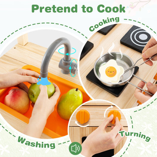 Mud Kitchen Fir Wood Play Kitchen with Canopy and Sink and 4 Stoves-Natural LuxuryLifeWay Online Store