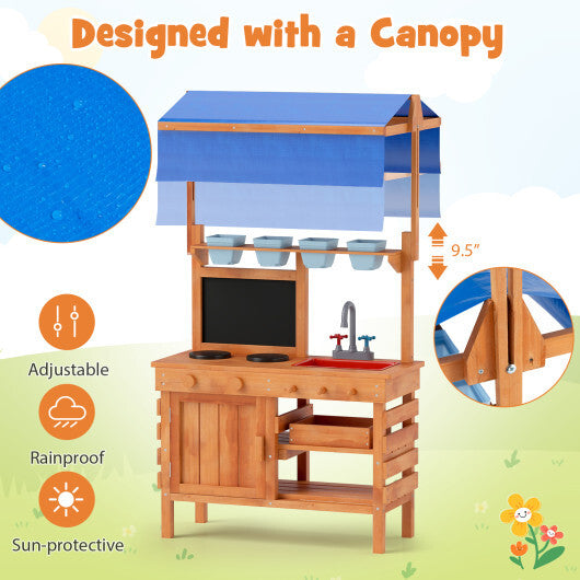 Wooden Pretend Play Kitchen with Height Adjustable Canopy for Kids-Natural LuxuryLifeWay Online Store