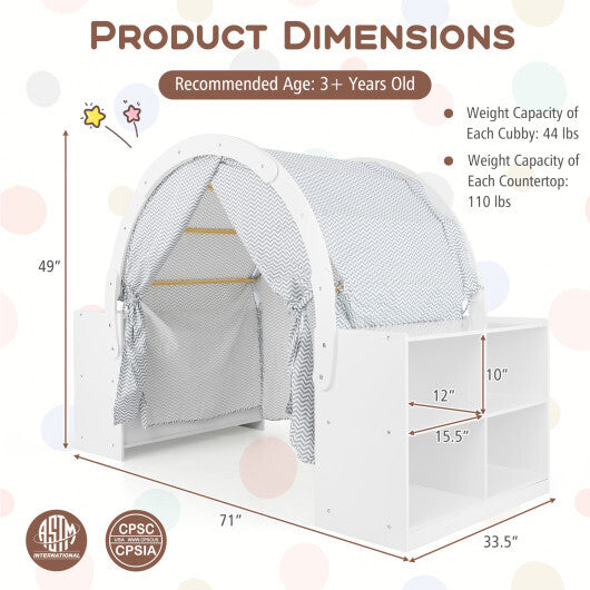 Wooden Kids Play Tent with Curtain Shades and 8 Cubbies-White LuxuryLifeWay Online Store