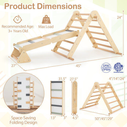 3-in-1 Pikler Triangle Climbing Set Kids Foldable Montessori Toys with Ramp-Natural LuxuryLifeWay Online Store