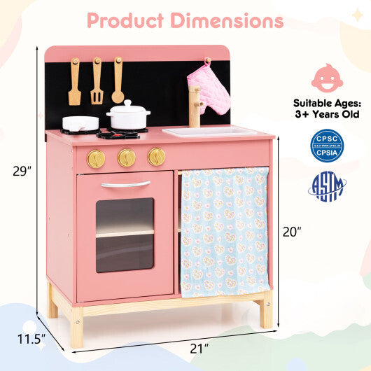 Play Kitchen for Kids Wooden Kitchen Playset with Door Curtain-Pink LuxuryLifeWay Online Store
