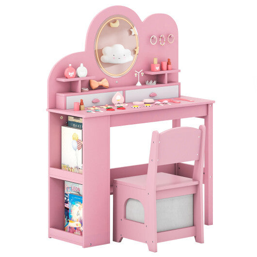Kids Vanity with Lights Princess Vanity Table and Chair Set with 2 Drawers and 2-Tier Bookshelf-White LuxuryLifeWay Online Store