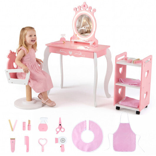 Kids Hair Salon Play Set with LED Lighted Mirror Wooden Pretend Hair Salon Station with Swivel Barber Chair-Pink LuxuryLifeWay Online Store