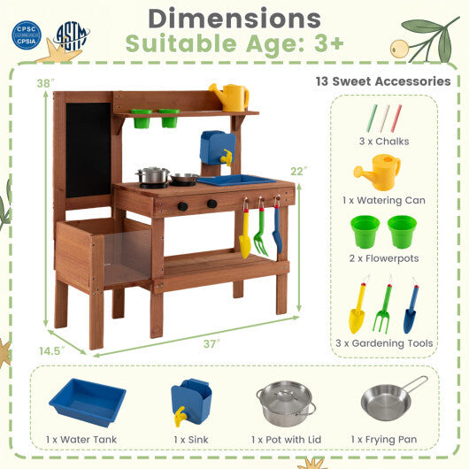 Kids Mud Kitchen with Planter Box and Sink and 13 Accessories for Ages 3+-Natural LuxuryLifeWay Online Store