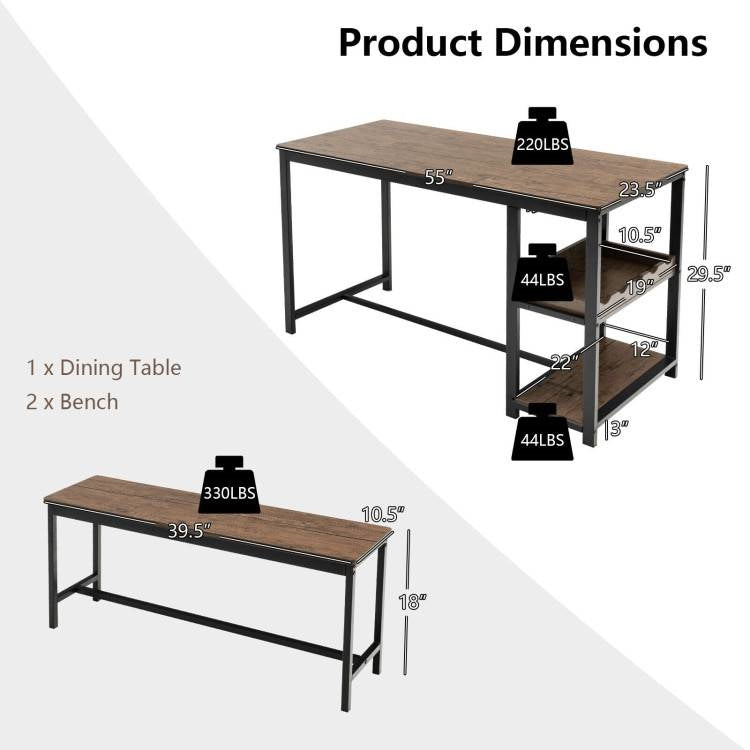 Modern Industrial 3-Piece Metal Wood Dining Set with 2 Benches and Wine Rack LuxuryLifeWay Online Store