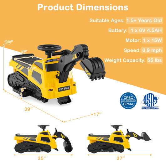 6V Ride on Tractor 3-in-1 Electric Excavator with Adjustable Arms and Music-Yellow LuxuryLifeWay Online Store