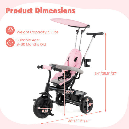 7-in-1 Baby Stroller Tricycle with Adjustable Canopy and Foldable Footrests for Ages 9-60 Months Old-Gray LuxuryLifeWay Online Store