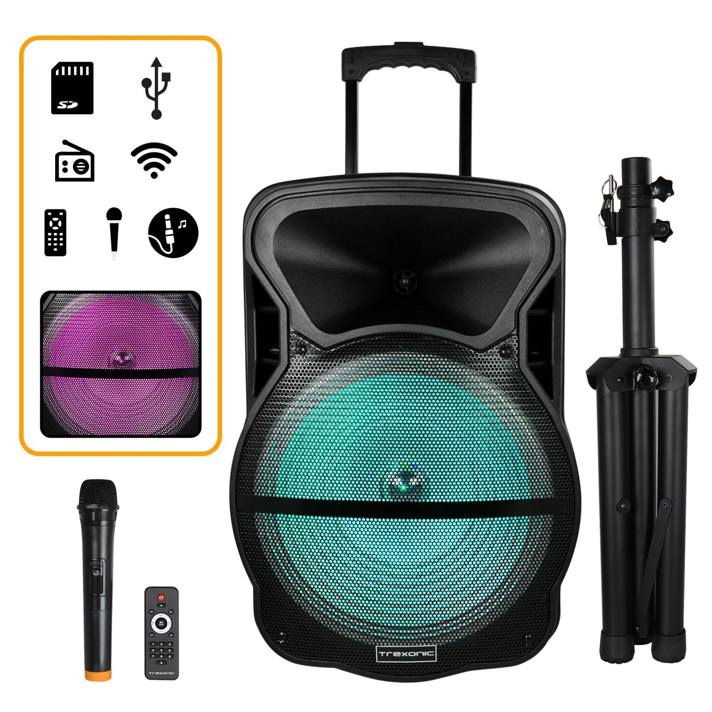 Trexonic Combination 15 Inch Bluetooth Portable Speaker and Tripod Stand with Reactive Lights, FM Radio, USB/TF Inputs, Rechargeable Battery & Voice Broadcast LuxuryLifeWay Online Store