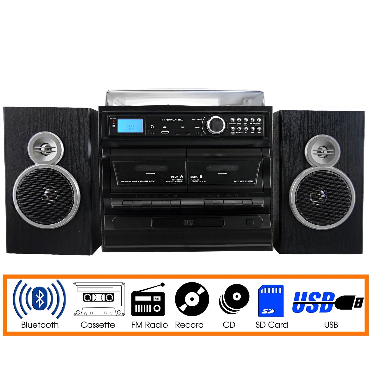 Trexonic 3-Speed Vinyl Turntable Home Stereo System with CD Player, Dual Cassette Player, Bluetooth, FM Radio & USB/SD Recording and Wired Shelf Speakers LuxuryLifeWay Online Store