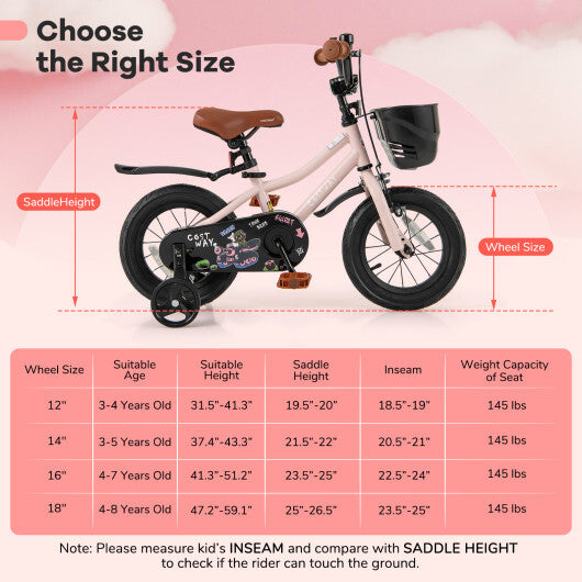 12 Inch Kids Bike with Helmet Protective Set Black & Pink LuxuryLifeWay Online Store