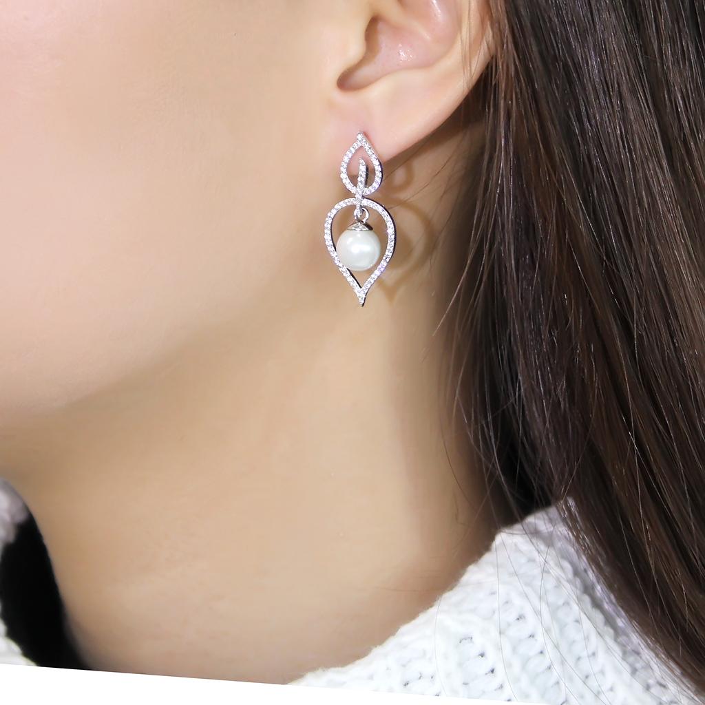 TS510 - Rhodium 925 Sterling Silver Earrings with Semi-Precious Glass Bead in White LuxuryLifeWay Online Store