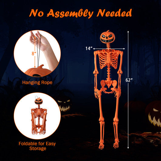 5.2 FT Orange Life-Size Poseable Halloween Skeleton with Pumpkin Head and Movable Joints LuxuryLifeWay Online Store