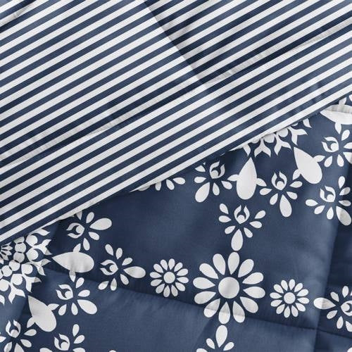 Twin size 3-Piece Navy Blue White Reversible Floral Striped Comforter Set LuxuryLifeWay Online Store