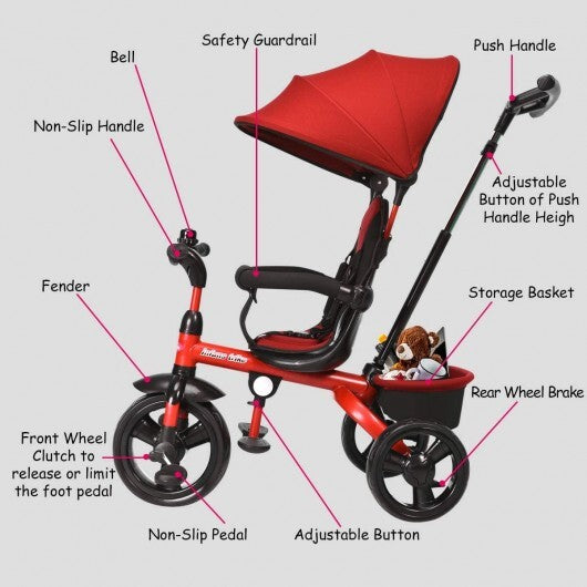 4-in-1 Kids Tricycle with Adjustable Push Handle-Red - Color: Red LuxuryLifeWay Online Store