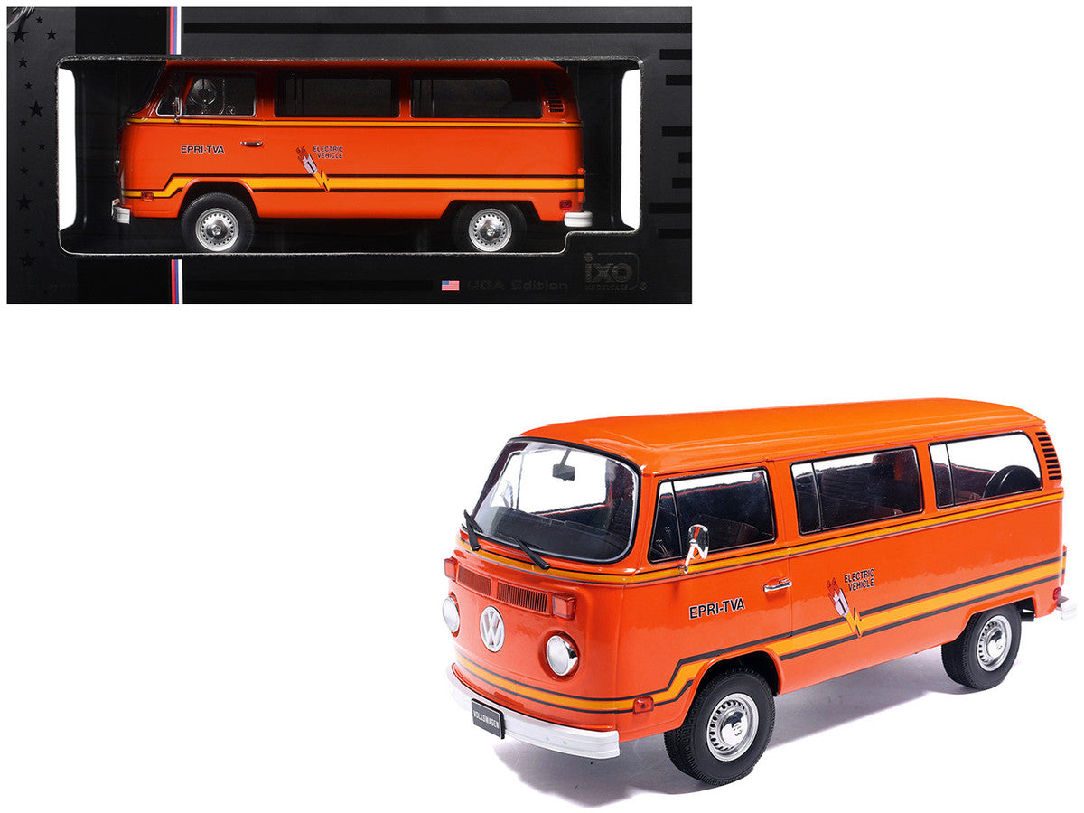 1978 Volkswagen Type 2 Bus "Elektrotransporter" Orange with Yellow Stripes 1/18 Diecast Model by IXO Models LuxuryLifeWay Online Store