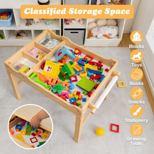 Kids Multi Activity Play Table Wooden Building Block Desk with Storage Paper Roll-Natural LuxuryLifeWay Online Store