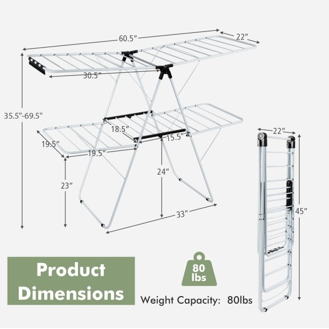 White 2 Level Foldable Clothes Drying Rack Adjustable Height LuxuryLifeWay Online Store
