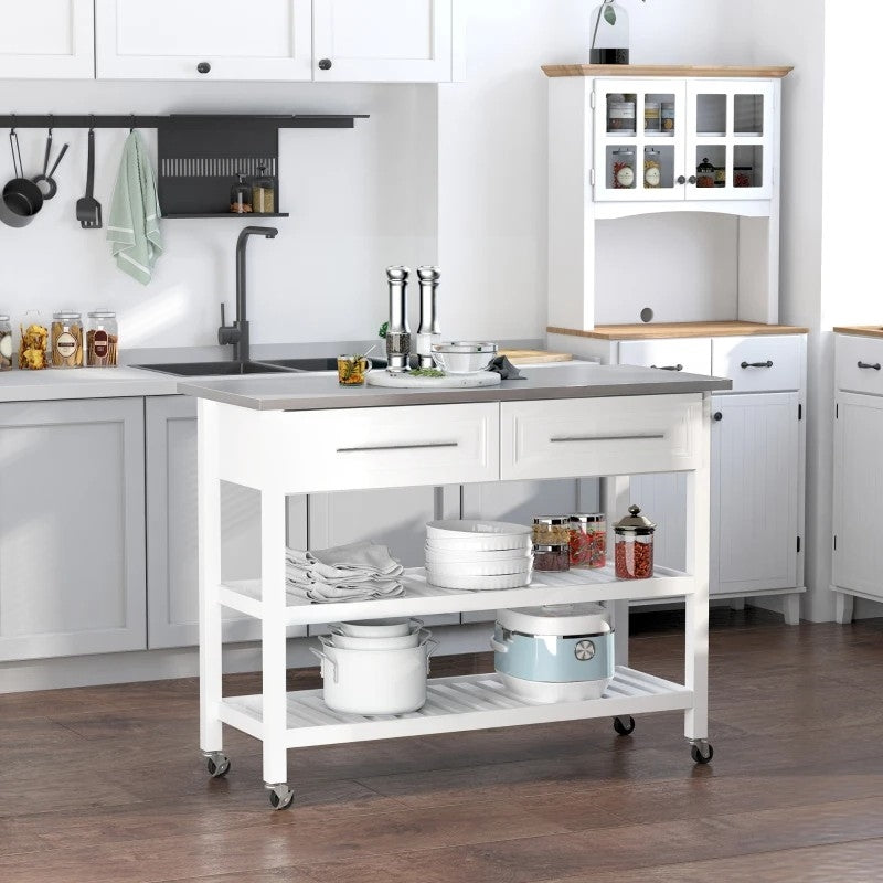 White Rolling Kitchen Island 2 Drawers Storage with Stainless Steel Top LuxuryLifeWay Online Store