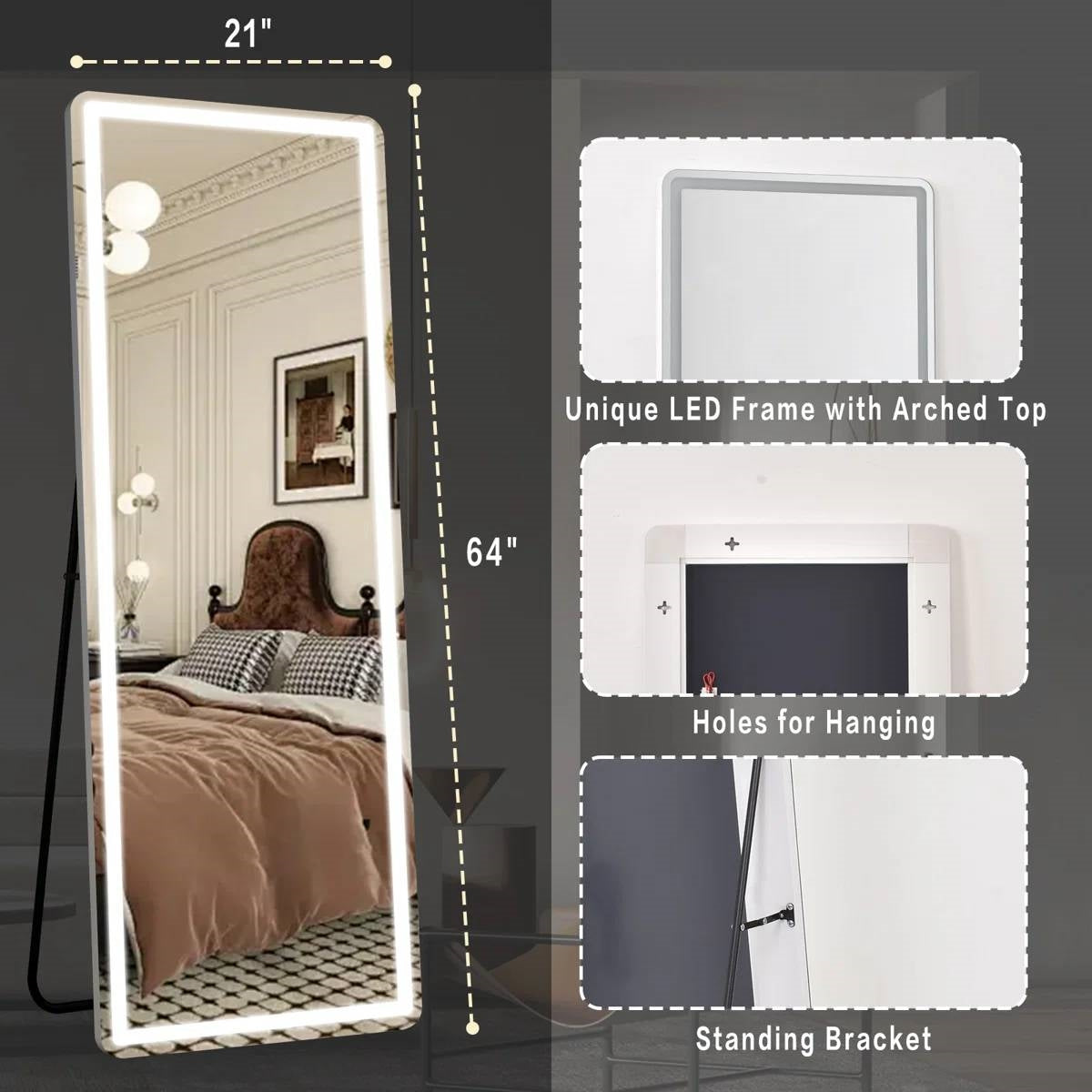White 64-inch Full Length Floor Mirror with Stand and LED Light Strip LuxuryLifeWay Online Store
