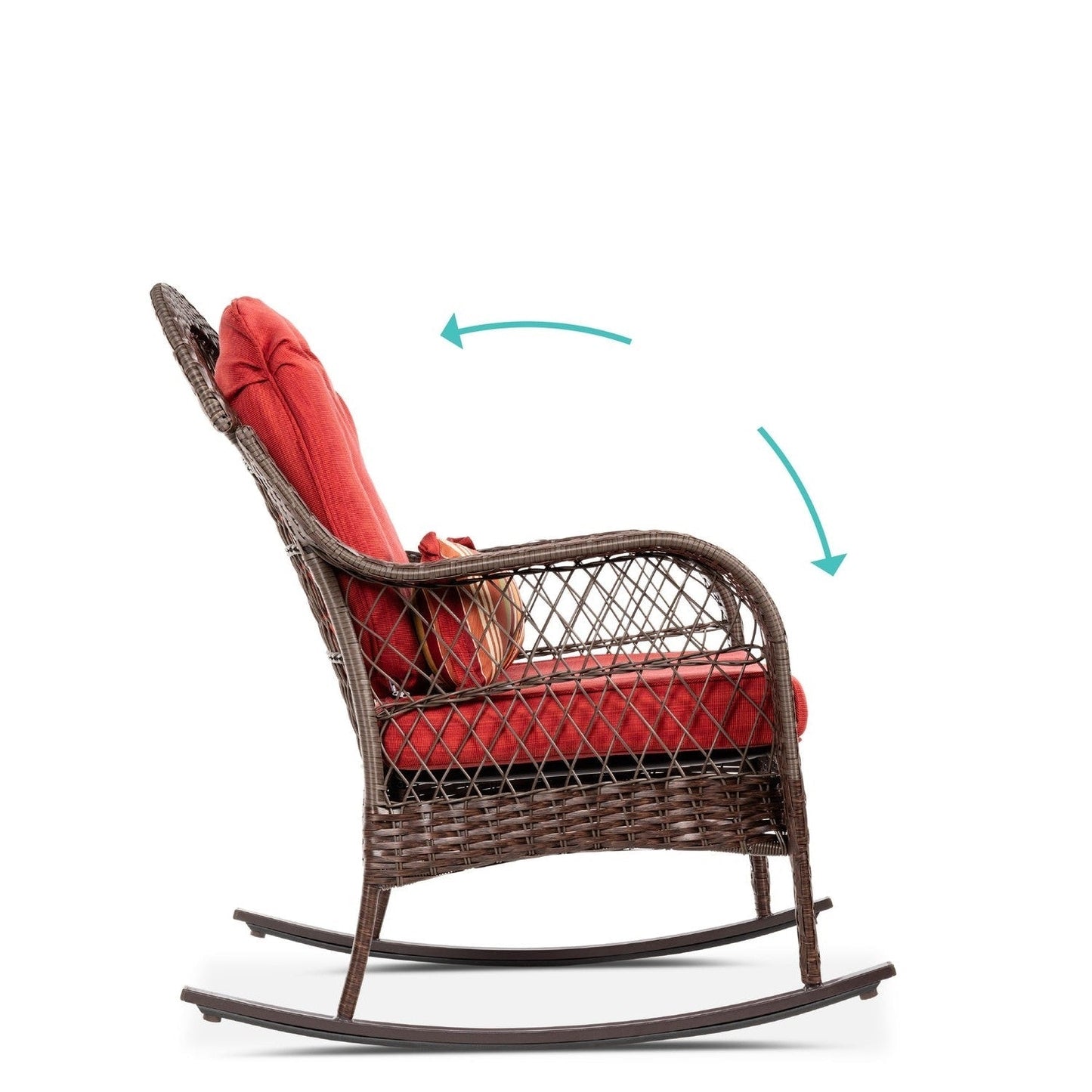 Outdoor Patio Brown Wicker Rocking Chair with Red Cushions and Accent Pillow LuxuryLifeWay Online Store