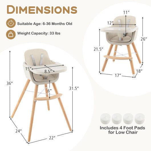 Babyjoy 3 in 1 Convertible Wooden High Chair Toddler Feeding Chair with Cushion Beige LuxuryLifeWay Online Store