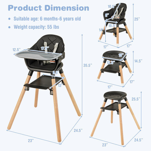 Costway 6 in 1 Convertible Highchair with Safety Harness and Removable Tray Black LuxuryLifeWay Online Store