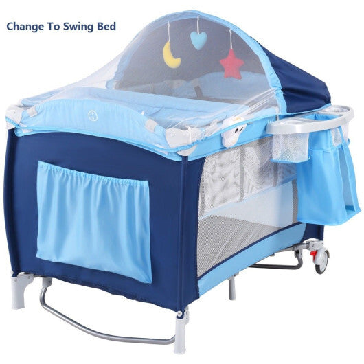 Costway Foldable Baby Crib Playpen Travel Infant Flat Bassinet Bed Mosquito Net Music with Bag Blue LuxuryLifeWay Online Store